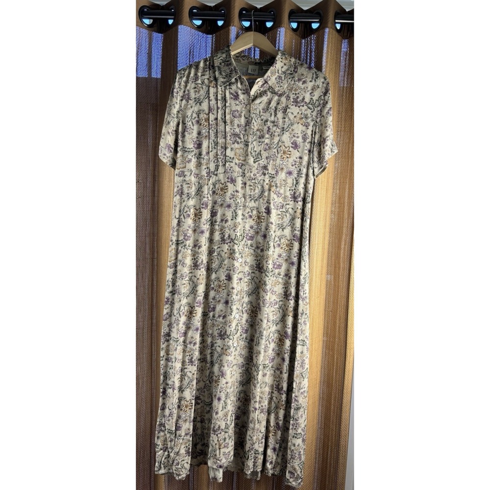 Vtg Gap Shirt Dress Maxi Brown Tan Floral Print Sz M 90s Cottagecore Prairie